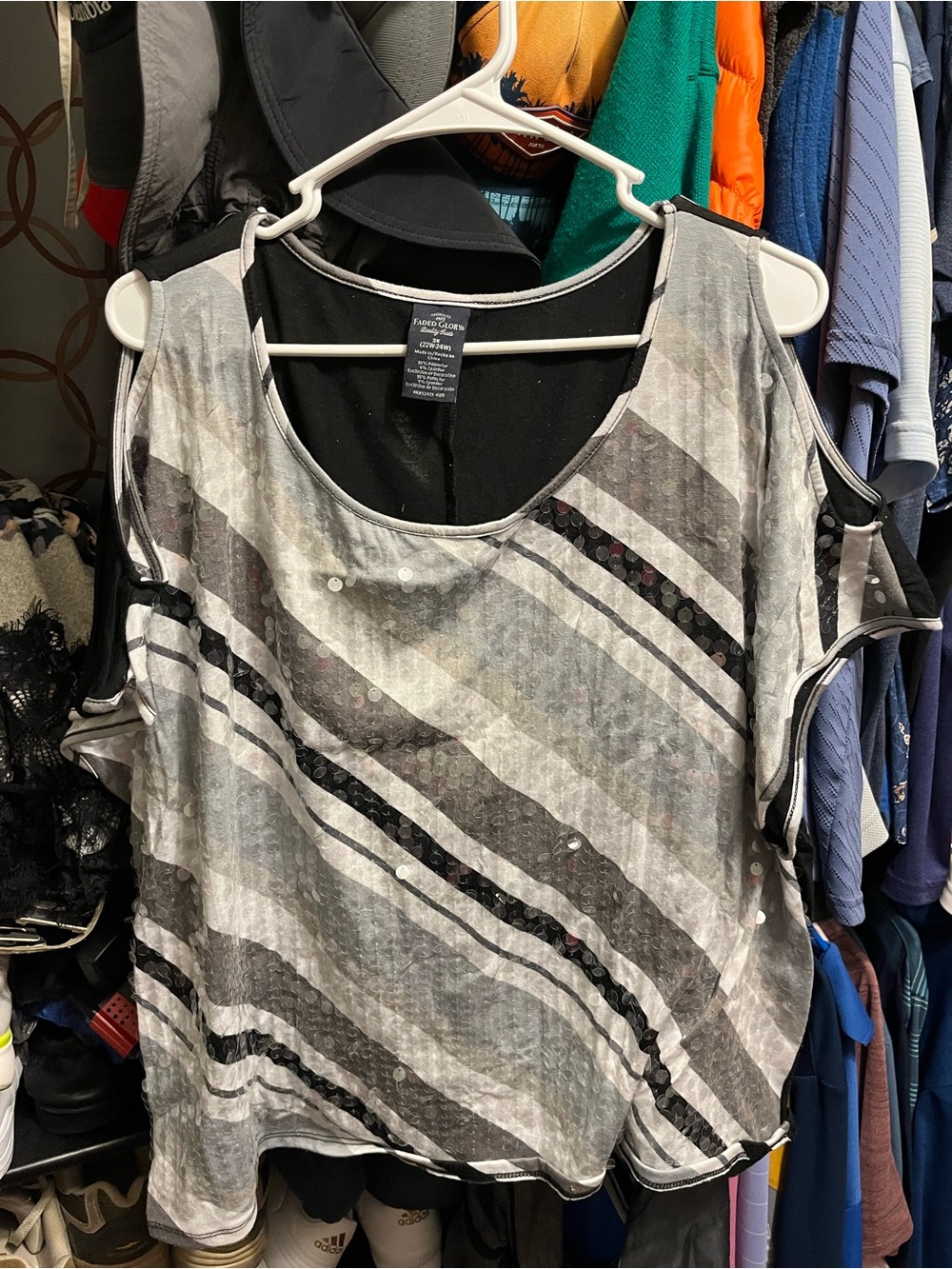 Faded Glory Black & Gray Striped Cold-Shoulder Tee with Sequin Detail